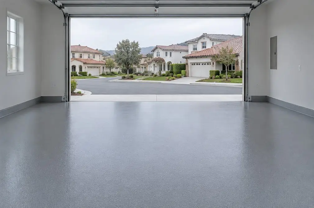 Illustration: a coated floor seen from inside, with Alta Murrieta beyond the open door