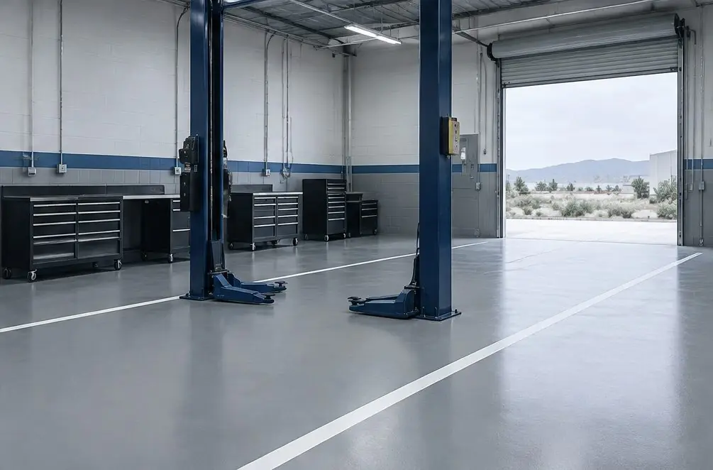 Illustration: a four-bay auto repair shop in an industrial building near Murrieta with a smooth gray coated floor, painted bay lines, a car on a lift and tool cabinets along the wall