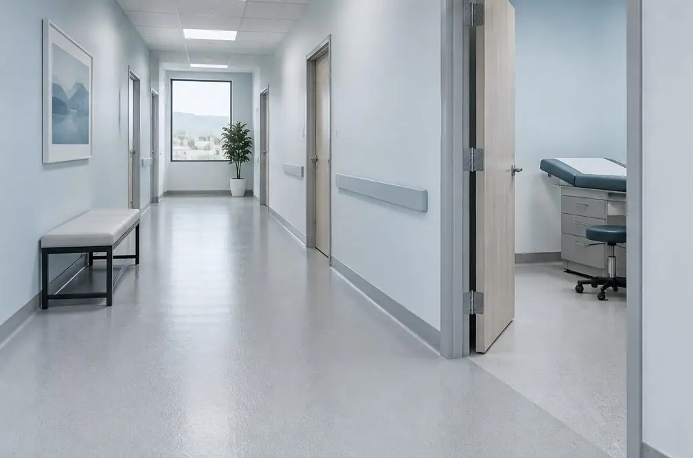 Illustration: a quiet private clinic corridor in a Murrieta office suite with a smooth pale seamless floor, a reception counter and exam room doors