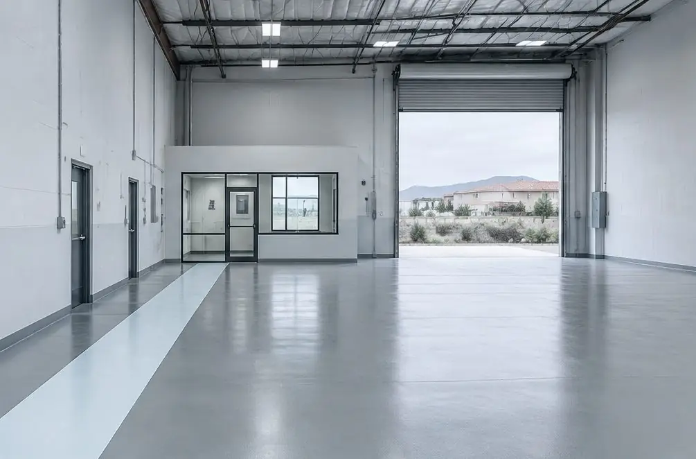 Illustration: a bright single-story Murrieta business-park unit with a smooth gray resinous floor, a painted walkway lane and a roll-up door open to a parking apron under a clear sky