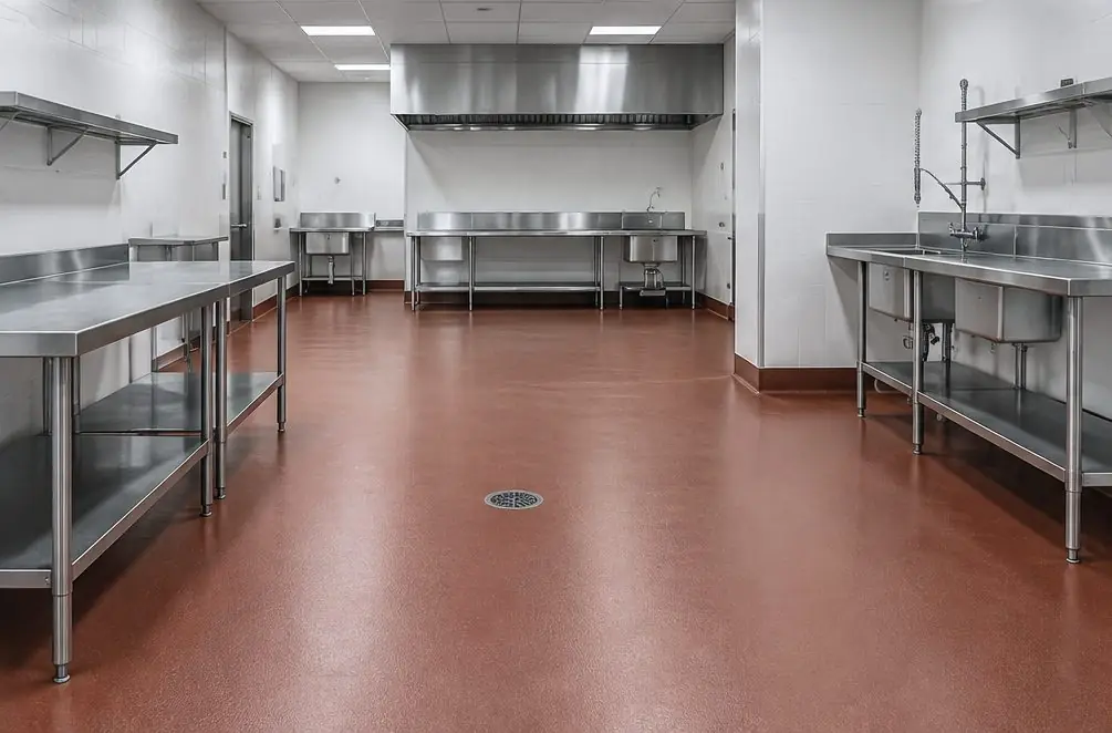 Illustration: a clean restaurant kitchen in a Murrieta storefront with a seamless red-brown floor curving up the wall as a coved base, stainless prep tables and a floor drain