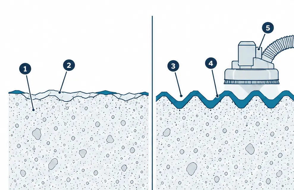 Diagram: two magnified cross-sections of concrete, a shallow wavy etched surface with a thin loose film on the left and an even sharp ground profile filled by a coating on the right