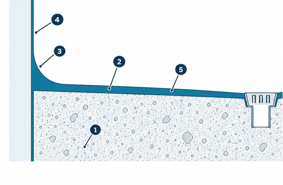 Diagram: cross-section of a kitchen floor coating on a slab that curves smoothly up a wall as a cove, with a gently sloped area toward a floor drain on the right
