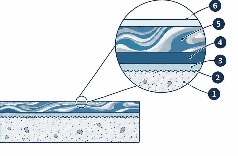 Diagram: cross-section of a metallic epoxy garage floor, ground slab, primer, opaque base coat, a metallic pigment coat and a clear top coat