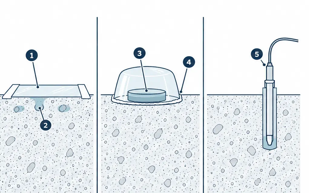 Diagram: three cross-sections of a concrete slab, a taped plastic sheet with droplets, a calcium chloride dish under a sealed dome and an in-slab humidity probe in a sleeve