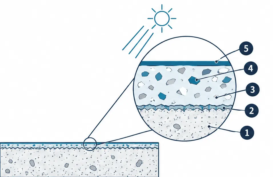 Diagram: cross-section of a polyaspartic flake garage floor, ground slab, primer, epoxy base coat with broadcast flakes and a polyaspartic clear top coat
