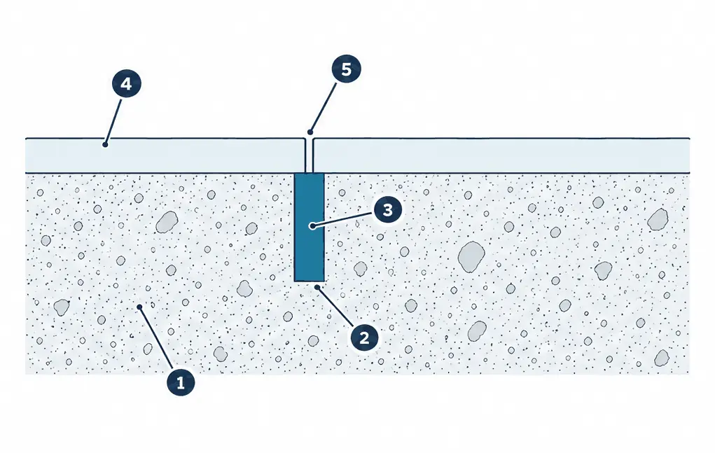Diagram: cross-section of a warehouse slab with a filled saw-cut joint flush with the surface and a coating on both sides with a thin cut through it directly above the joint