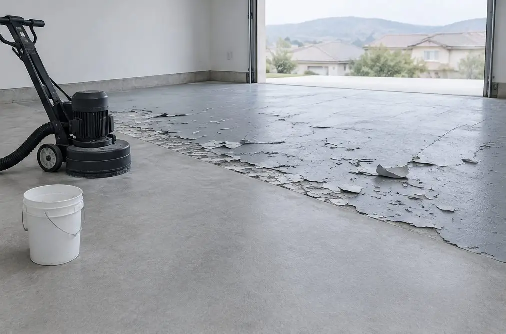 Illustration: a Murrieta garage floor with a gray coating lifting near the door, curled paint flakes on the concrete and a diamond grinder with a vacuum hose resting beside the bare patch