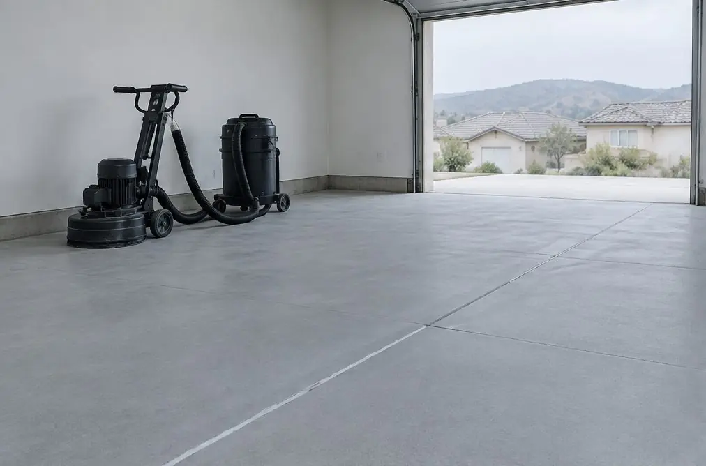 Illustration: a concrete garage slab being ground with a diamond grinder on a dust vacuum, a crack filled with gray repair material beside a clean ground strip, the door open