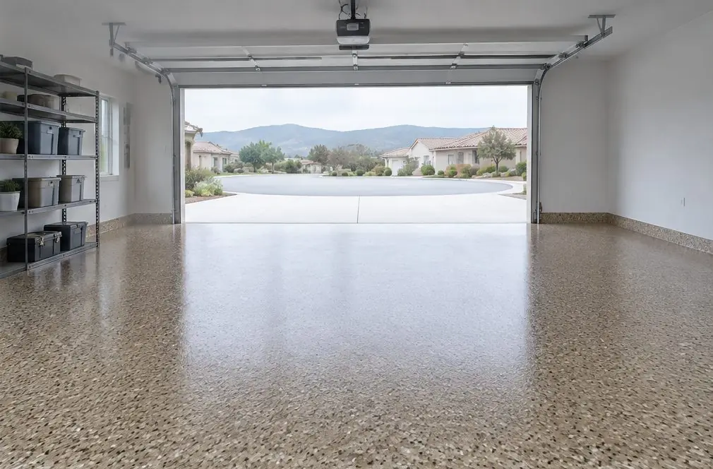 Illustration: a finished garage floor in a warm sand, brown and cream flake blend with a glossy clear top coat catching low sunlight