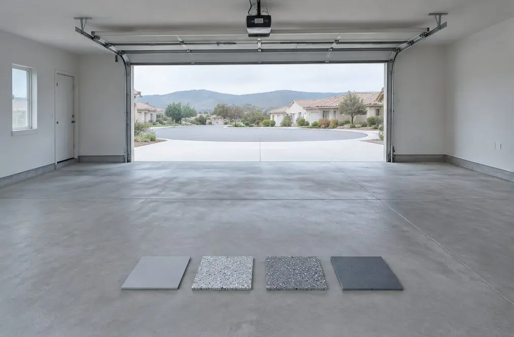 Illustration: a bare ground-concrete garage slab with four small coating sample squares set in a row on the floor