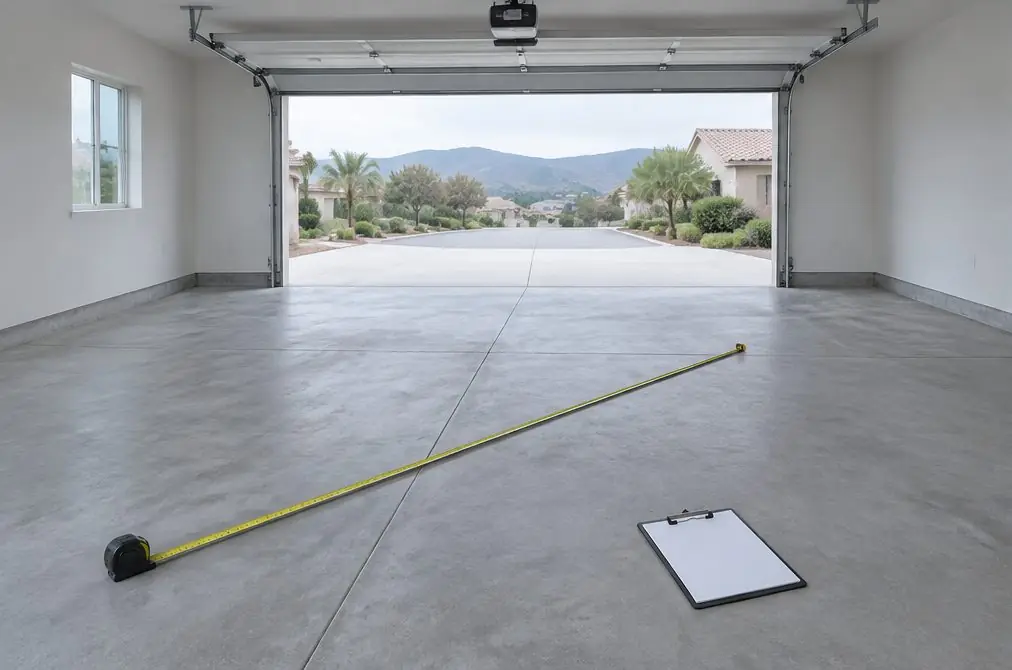 Illustration: a bare concrete garage floor with a tape measure stretched across it and a clipboard holding a blank sheet