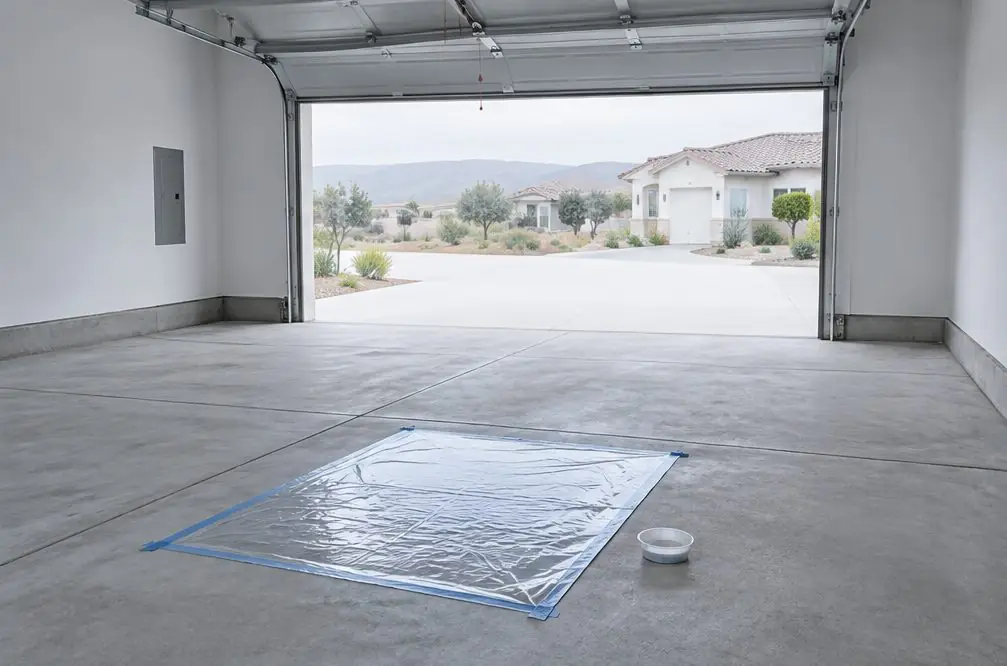 Illustration: a ground concrete garage slab with a square of clear plastic sheet taped down and a small round test dish beside it
