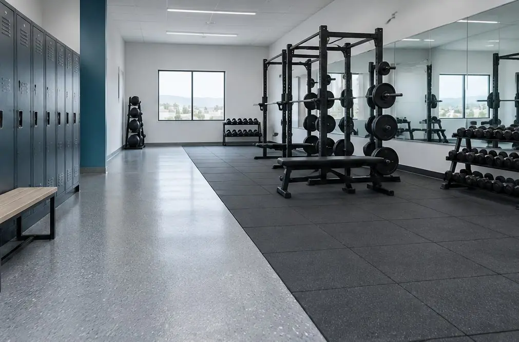 Illustration: a Murrieta fitness studio with a flake epoxy floor at the entry, rubber mats along a wall of weights and a front window with daylight