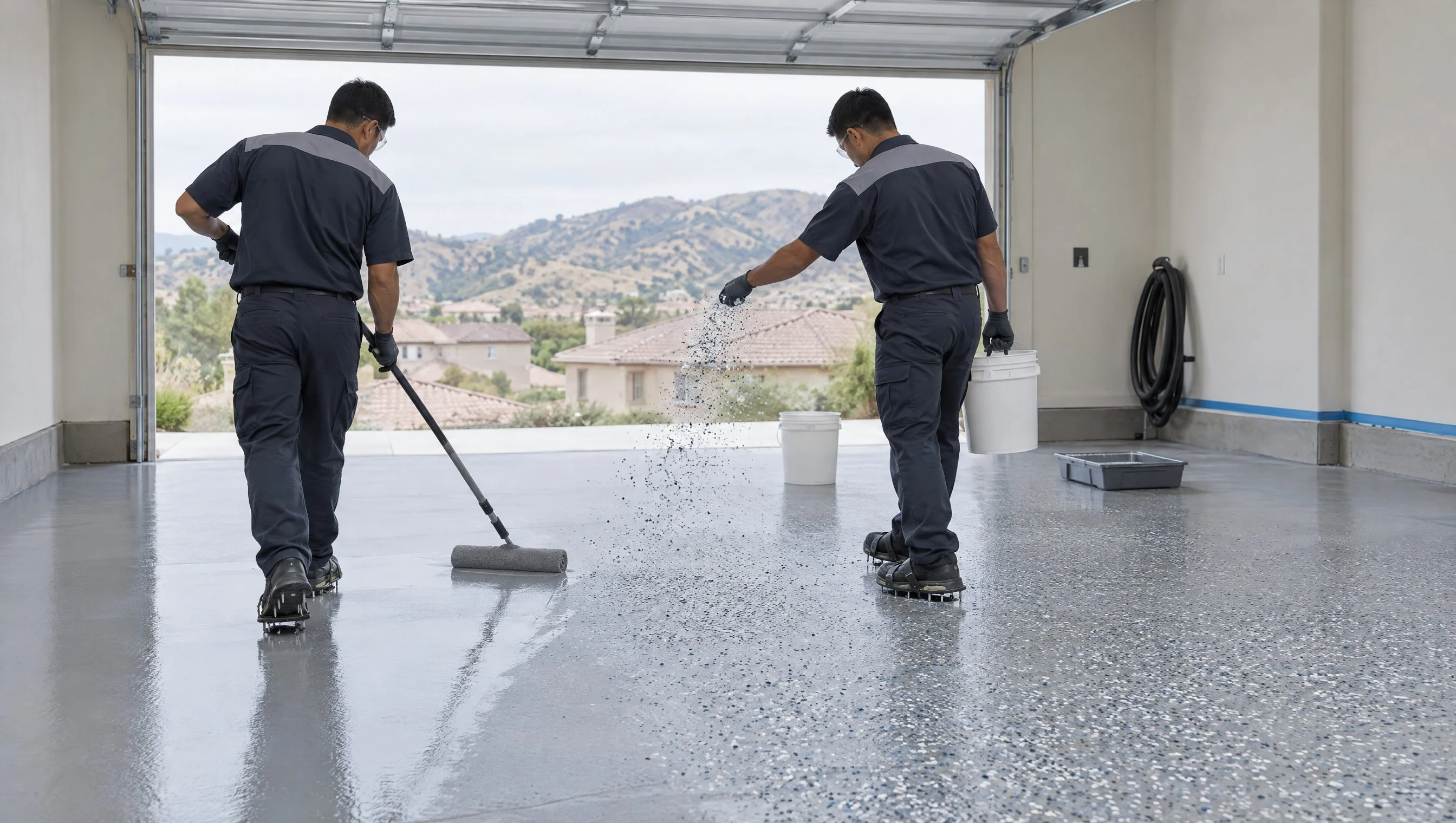 Illustration: two coating installers in matching uniforms and clean spiked shoes in a clean two-car Murrieta garage with the door open to tile-roofed homes and hills under an overcast sky, one rolling a base coat while the other broadcasts color flakes by hand; no car in the garage (AI-generated)