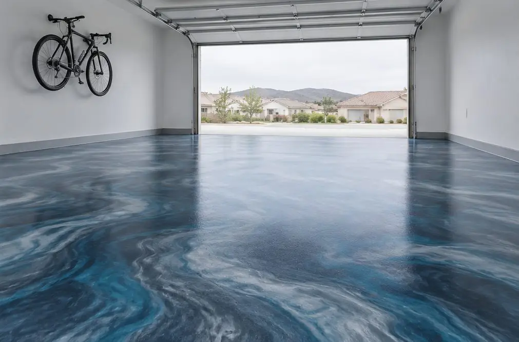 Illustration: a Murrieta garage turned showroom, a deep blue-gray metallic epoxy floor in marbled swirls, a covered car shape in the far bay and soft overhead lights