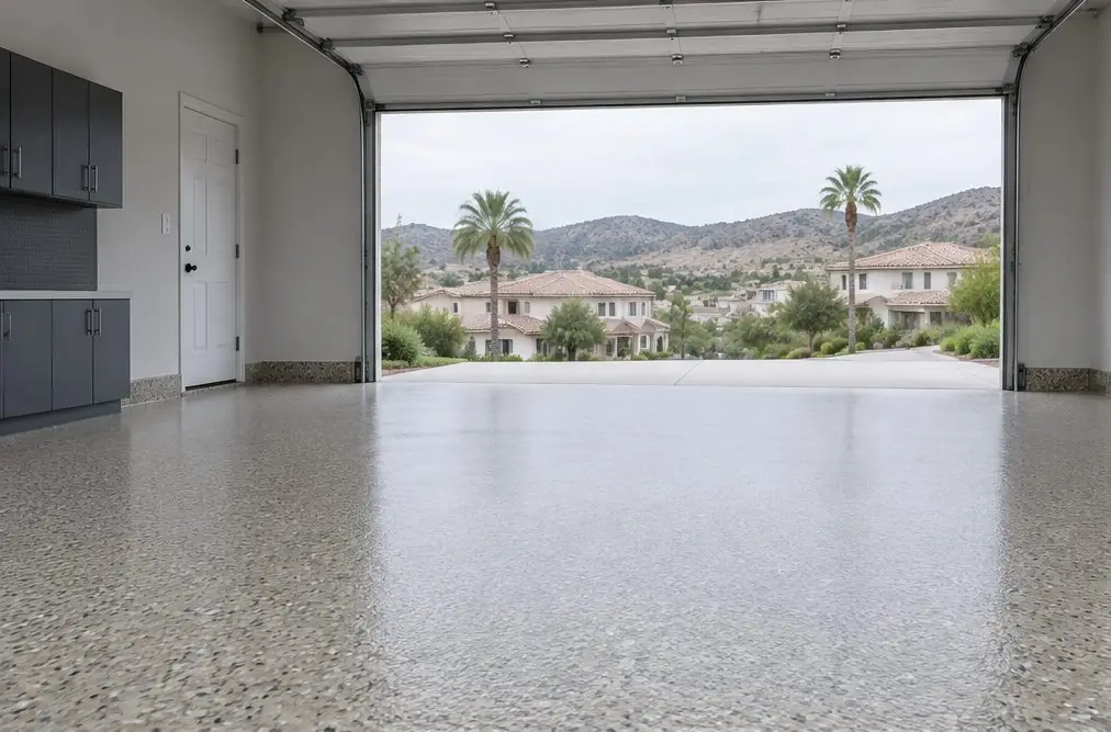 Illustration: a coated floor seen from inside, with Murrieta Hot Springs beyond the open door