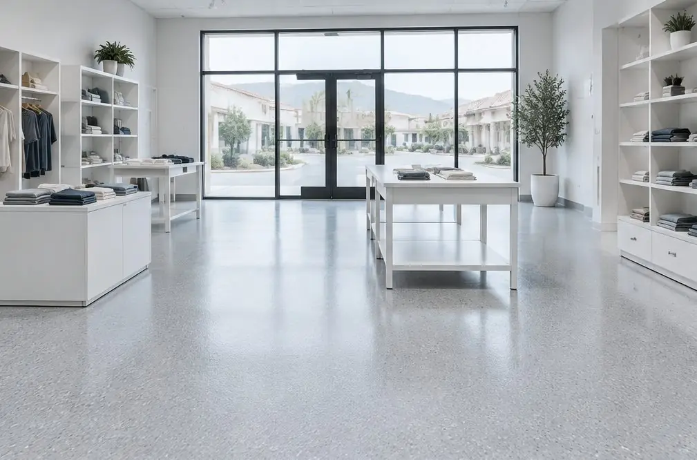 Illustration: a bright retail suite in a Murrieta shopping strip with a speckled flake epoxy floor, a display shelf and a storefront window with parking-lot daylight