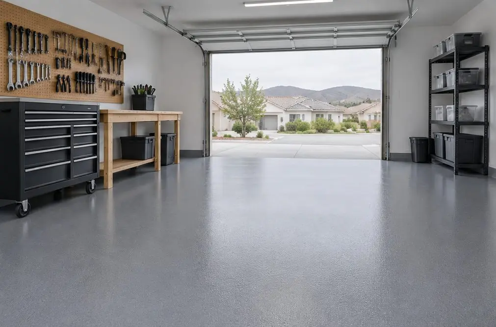 Illustration: a small one-car garage in a Murrieta home with a smooth medium-gray solid-color floor, a workbench along the back wall and the roll-up door open to the street