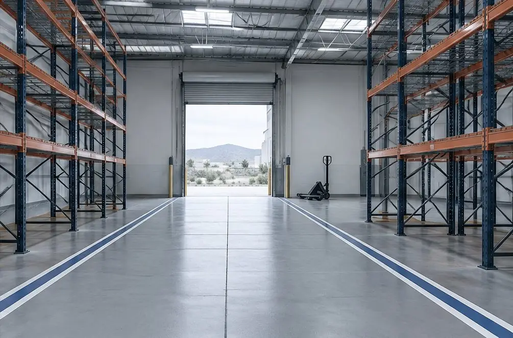 Illustration: a light-industrial unit in a Murrieta business park with a smooth gray resinous floor, painted aisle lines, tall pallet racking and a pallet jack parked by a roll-up dock door